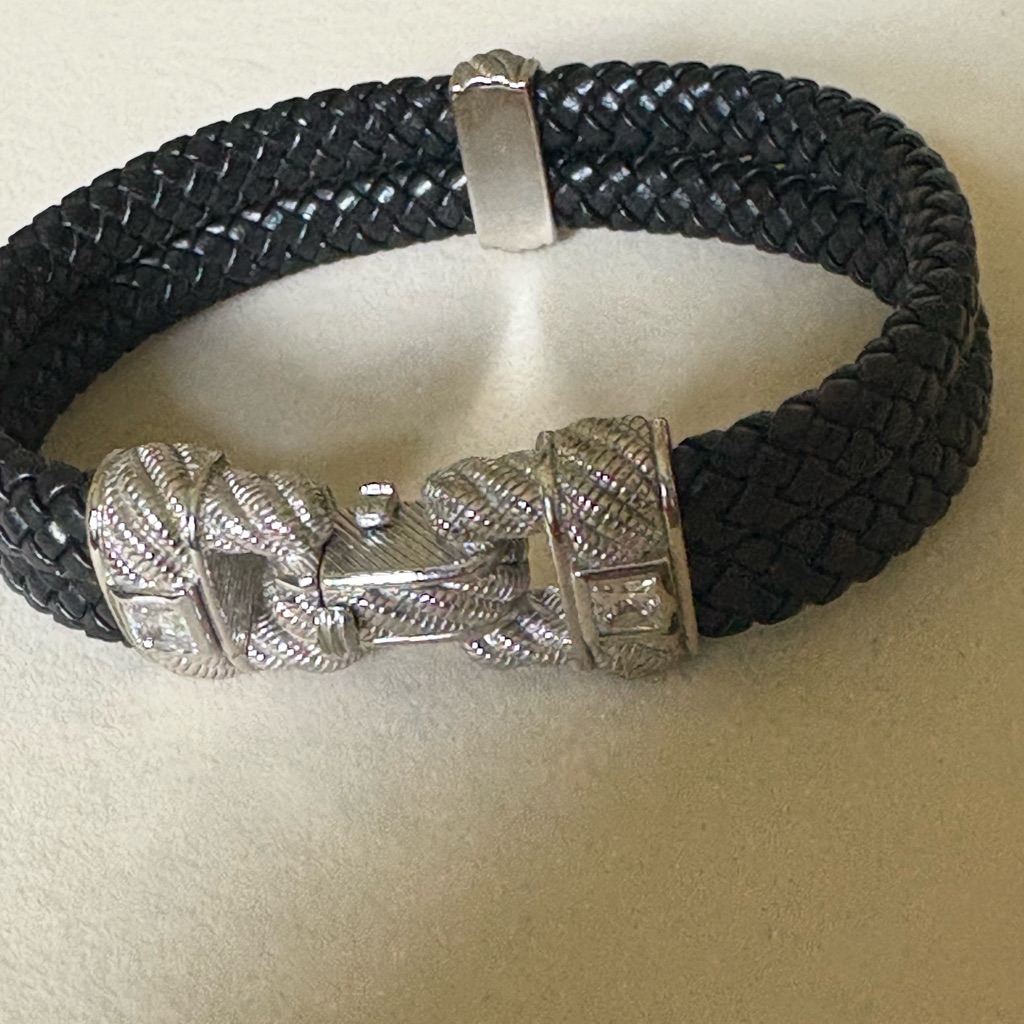 Judith Ripka Braided Black Leather Bracelet With Sterling Lsilver Clasp 80$
